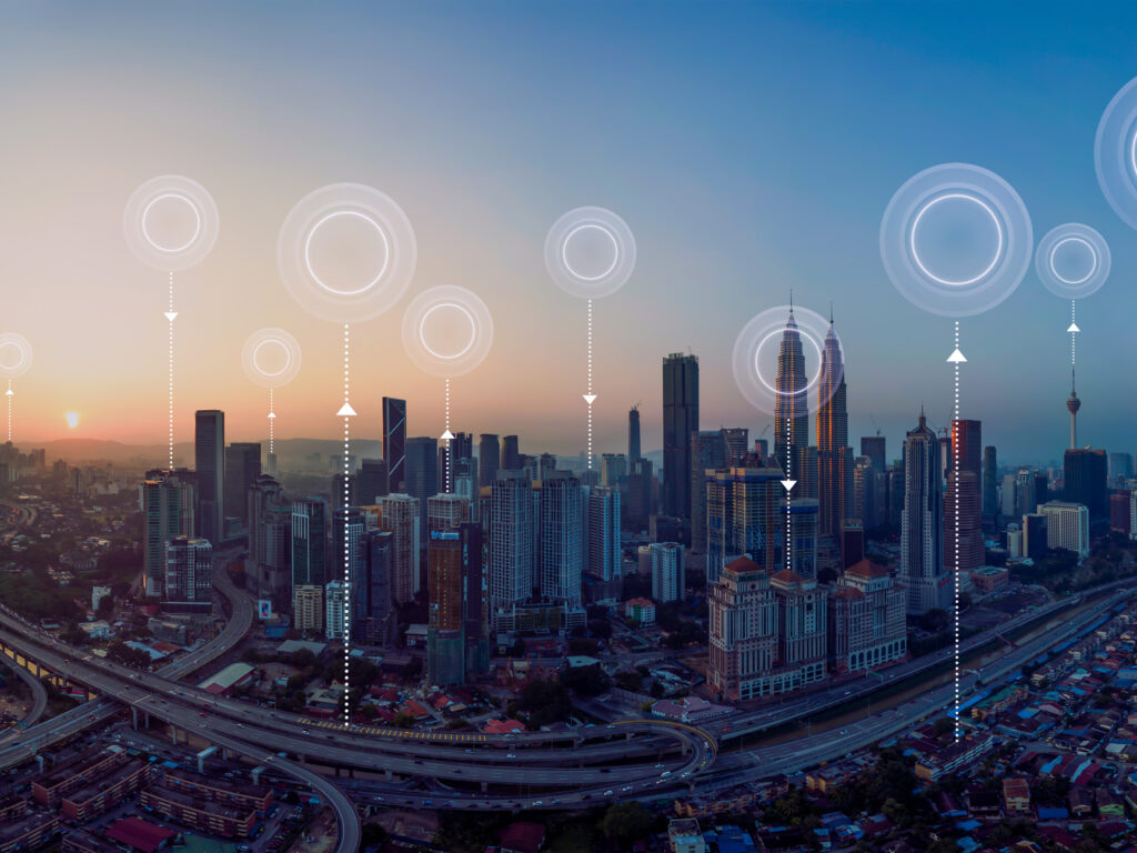Panorama aerial view in the cityscape skyline with network connection concept , early morning sunrise scene .