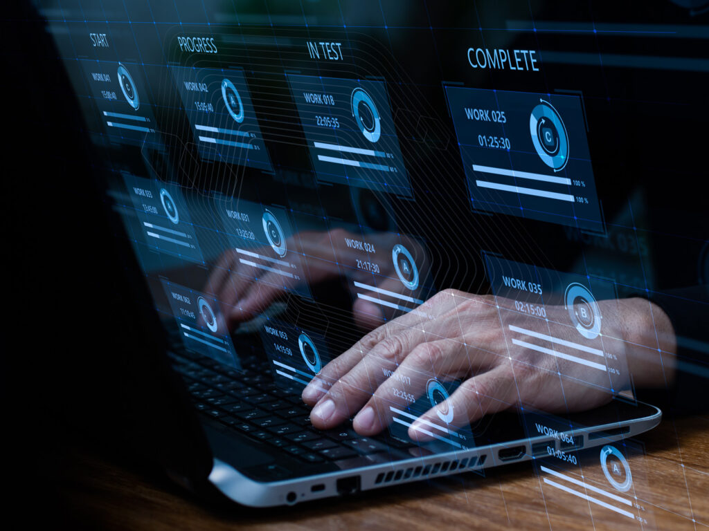 Devops team, lean project management tool for rapid changes, incremental work, iterative processes. The Kanban board framework technique is used for agile software development on PC with a developer.