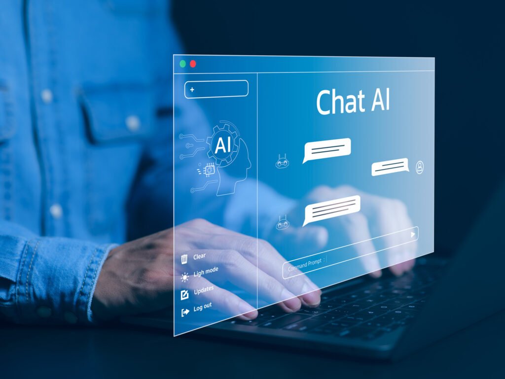 Chat AI Chat with AI or Artificial Intelligence technology. Man using a laptop computer chatting with an intelligent artificial intelligence asks for the answers he wants. Smart assistant futuristic,